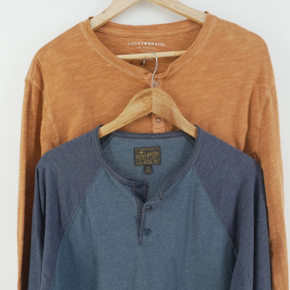 Lucky Brand Henley Shirts Men Size M Orange Blue Long Sleeve 2 Pack